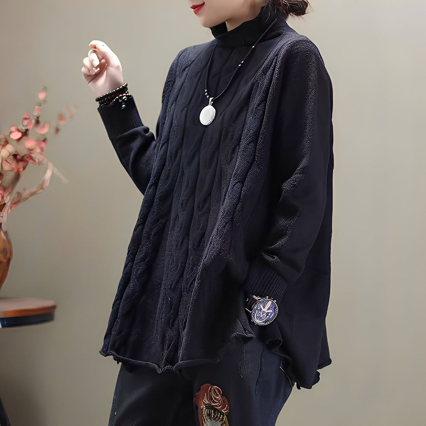 Merla - Maglione a collo alto casual con spacco laterale per donne