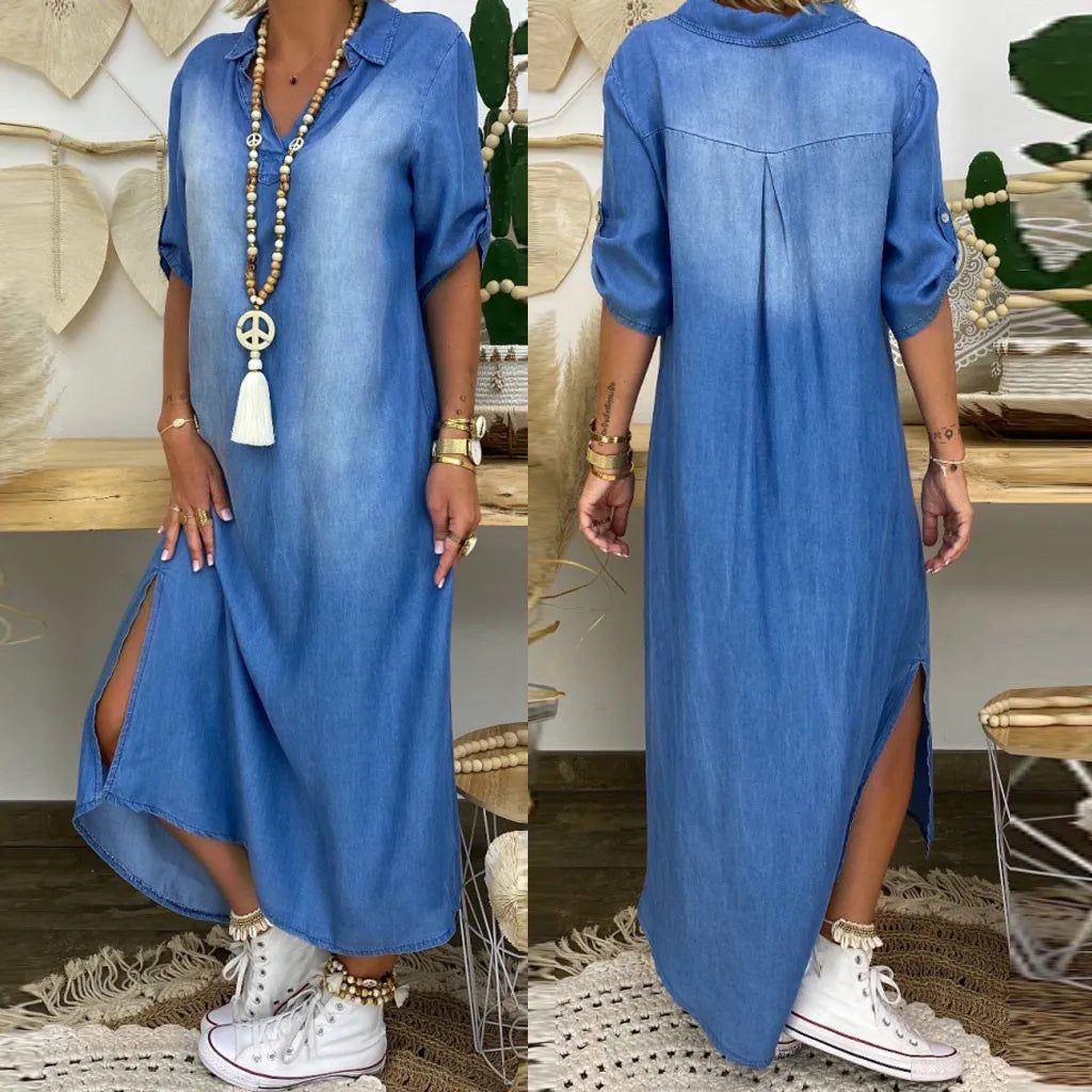 Lea | Abito Lungo Effetto Denim con Spacco Laterale