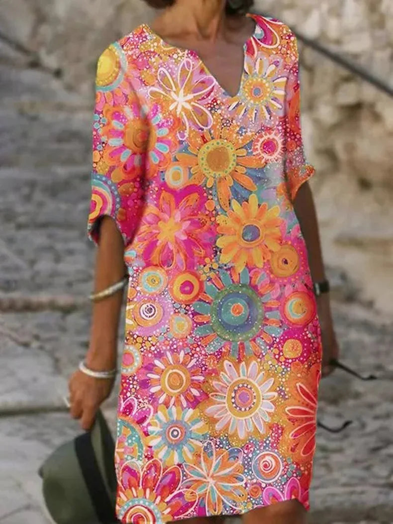 Hannah - Abito con scollo a V e fantasia floreale