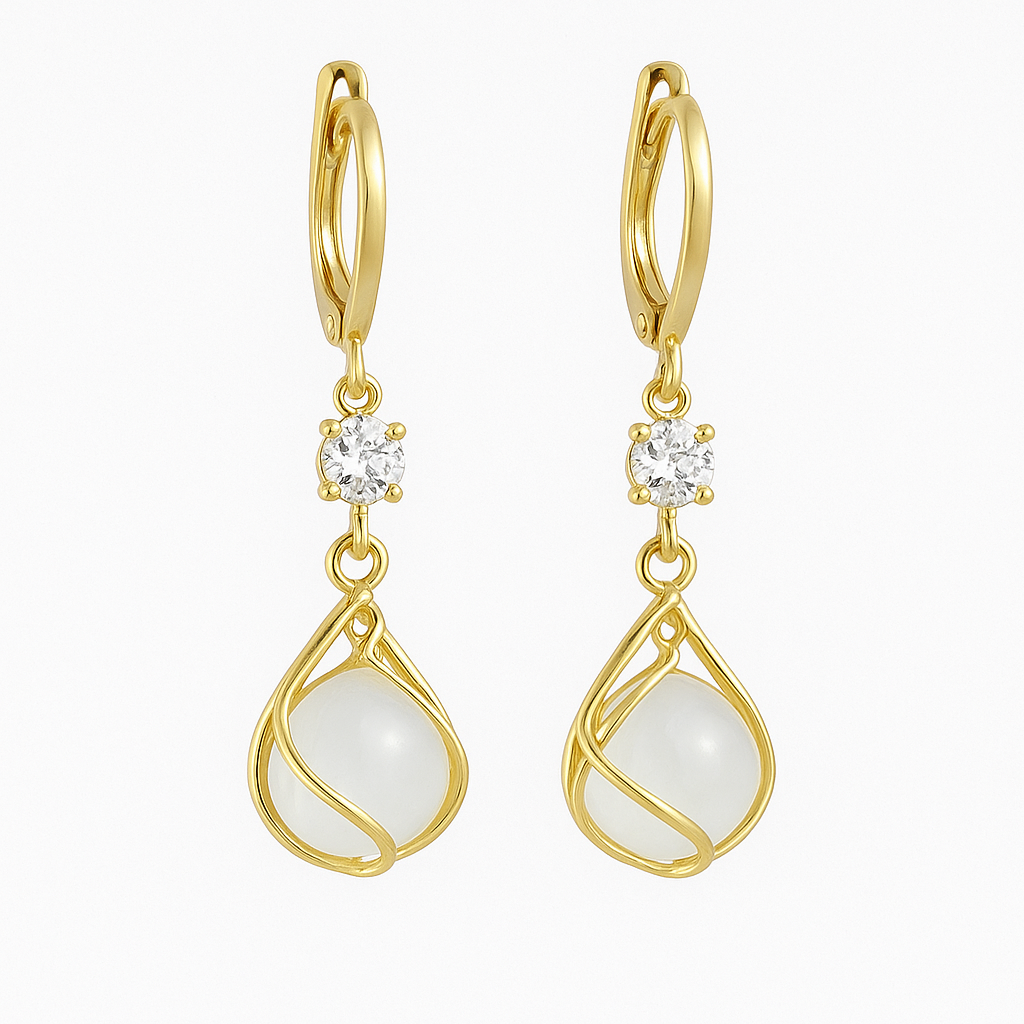 Dangling Gold Earrings with White Opal