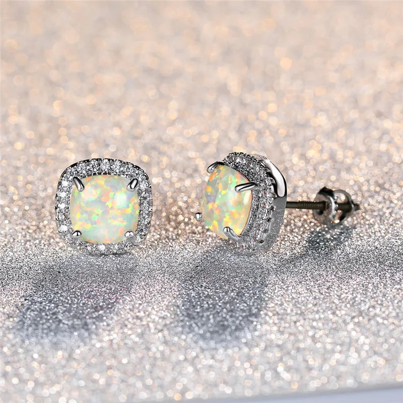 Elegant Sterling Silver Round White Fire Opal Stud Earrings