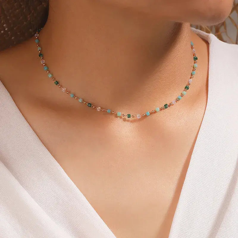 Gold Plated Necklace with Multi-Color Pebble Details