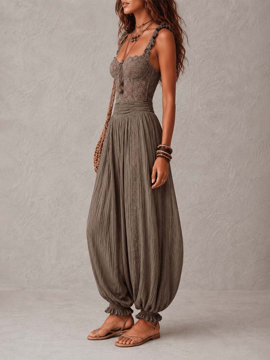 Nadira™ | Tuta Boho in Pizzo Tortora con Pantaloni Harem