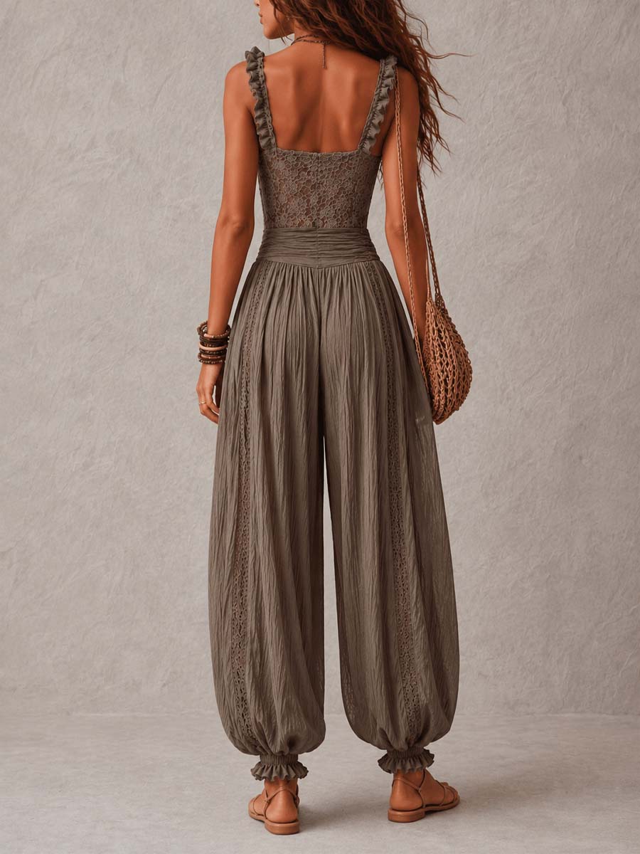 Nadira™ | Tuta Boho in Pizzo Tortora con Pantaloni Harem