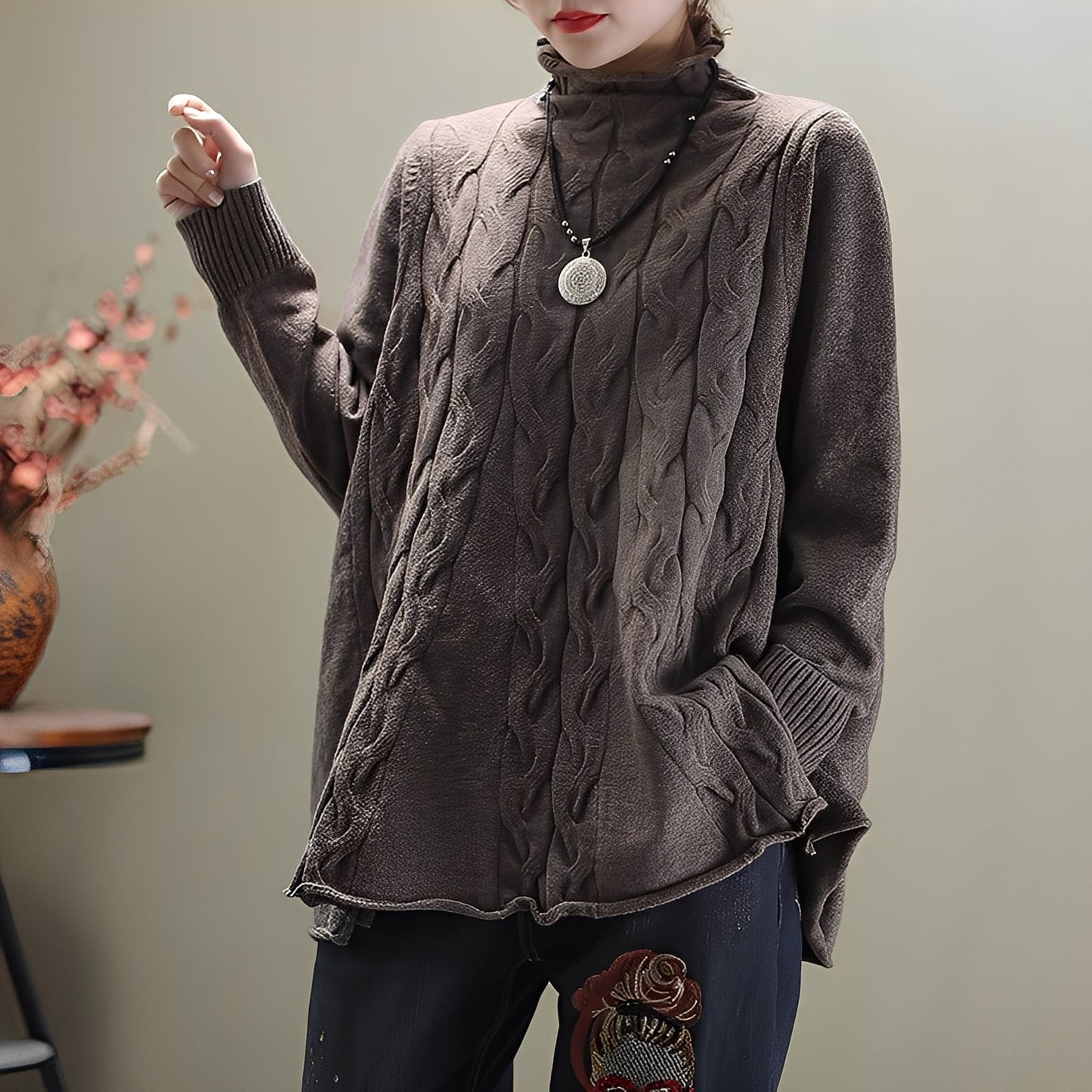 Merla - Maglione a collo alto casual con spacco laterale per donne 