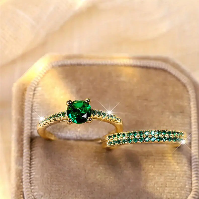 Gold Emerald Duo Ring Set