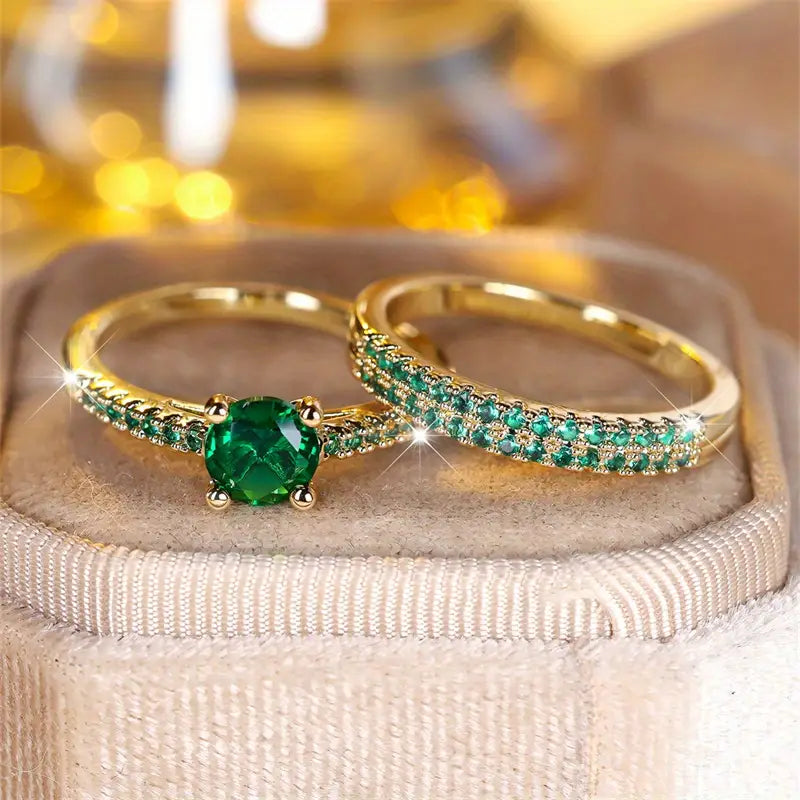 Gold Emerald Duo Ring Set