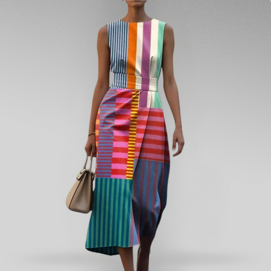 Tiffany | Abito Midi a Righe Multicolore – Stampa Geometrica Color Block Senza Maniche