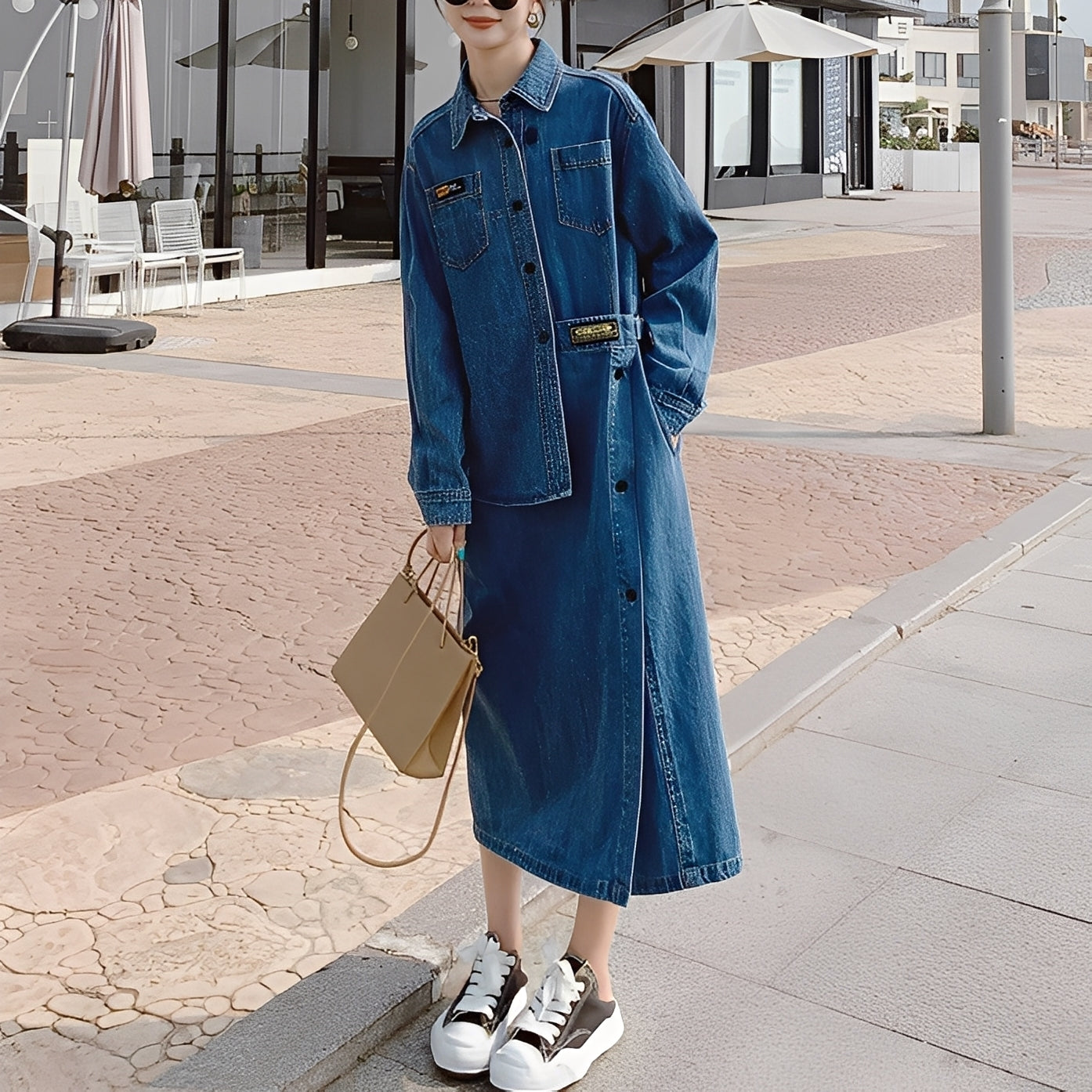 Christabel - Abito di jeans retrò lungo con tasche per donne 