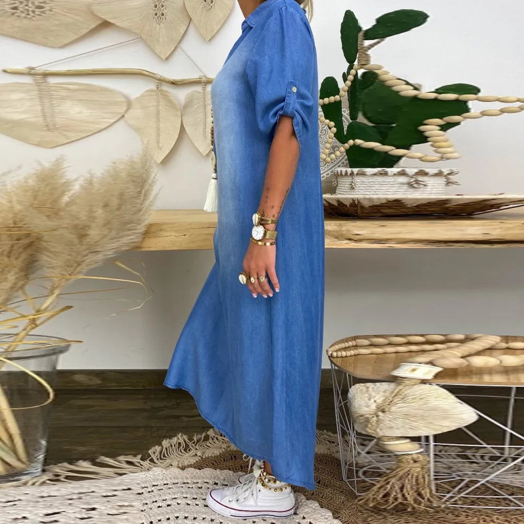 Lea | Abito Lungo Effetto Denim con Spacco Laterale