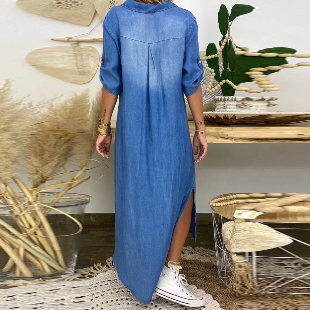 Lea | Abito Lungo Effetto Denim con Spacco Laterale