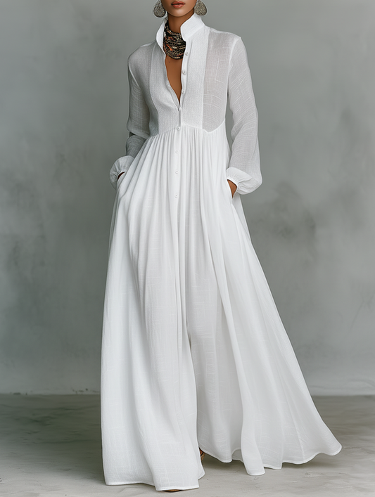 Alessia ∙ Cotton and Linen Maxi Minimalist with Patchwork, High Collar, and Long Sleeves