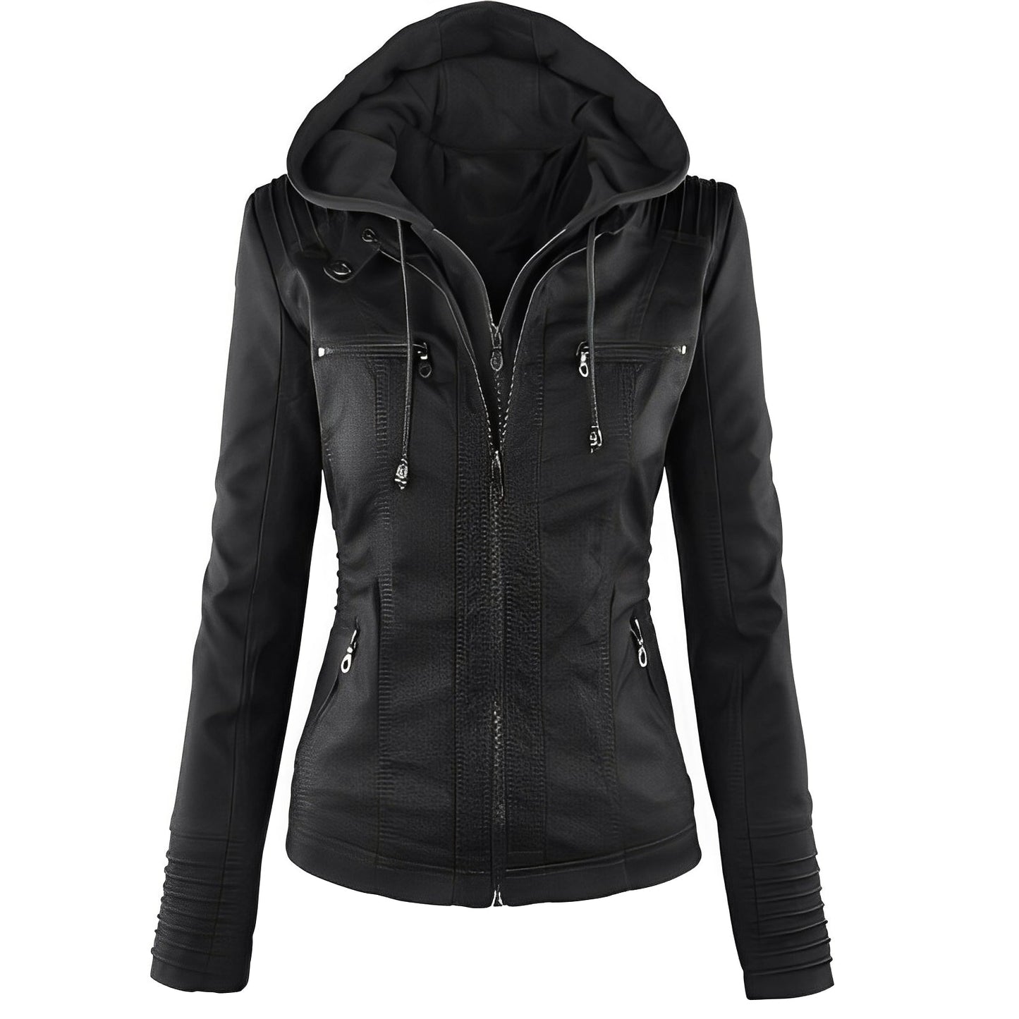 Janene - Giacca in pelle casual impermeabile con cappuccio per donne 