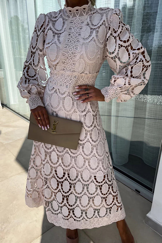 Melody - Elegante Abito Midi in Pizzo Collo Alto &amp; Maniche a Sbuffo 