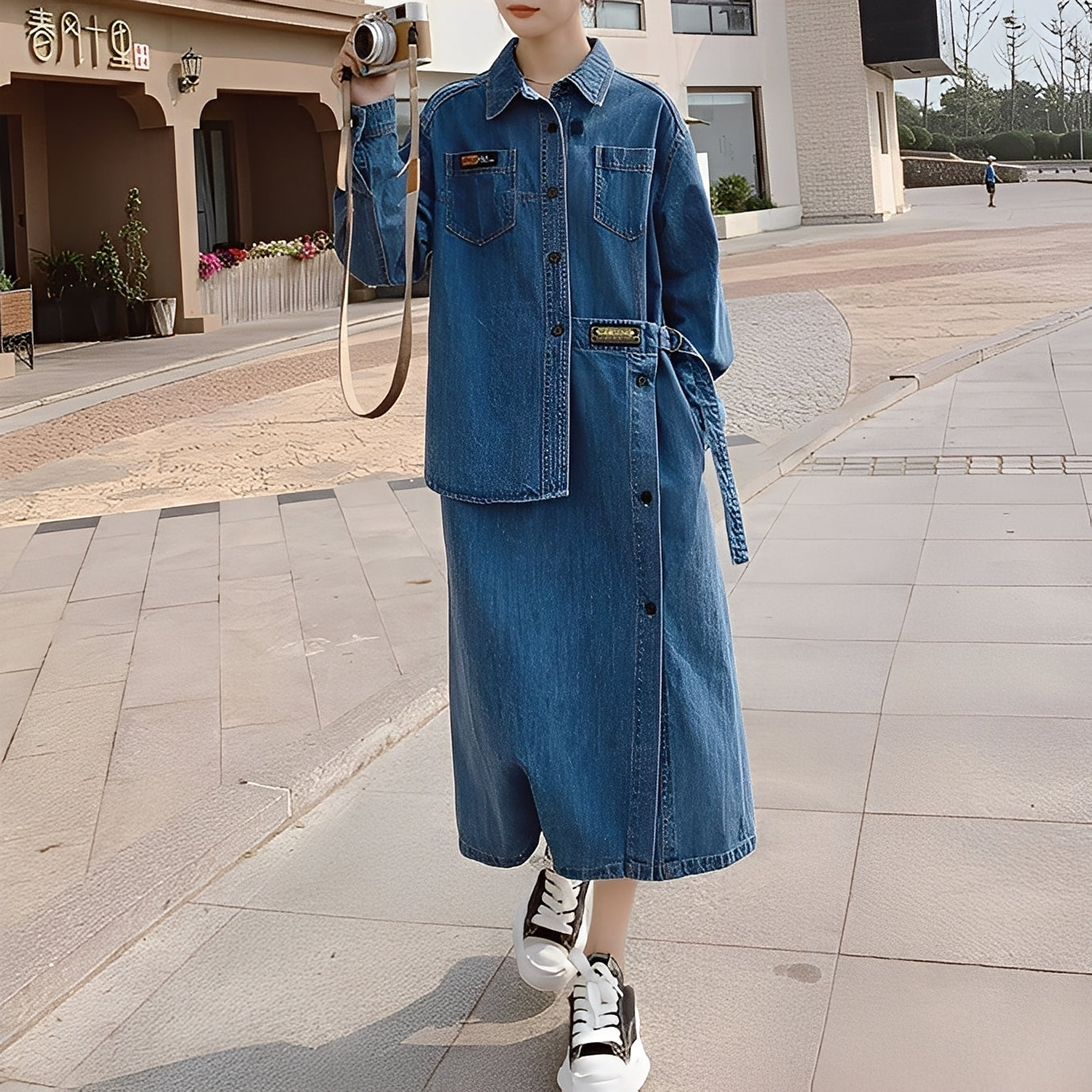 Christabel - Abito di jeans retrò lungo con tasche per donne 
