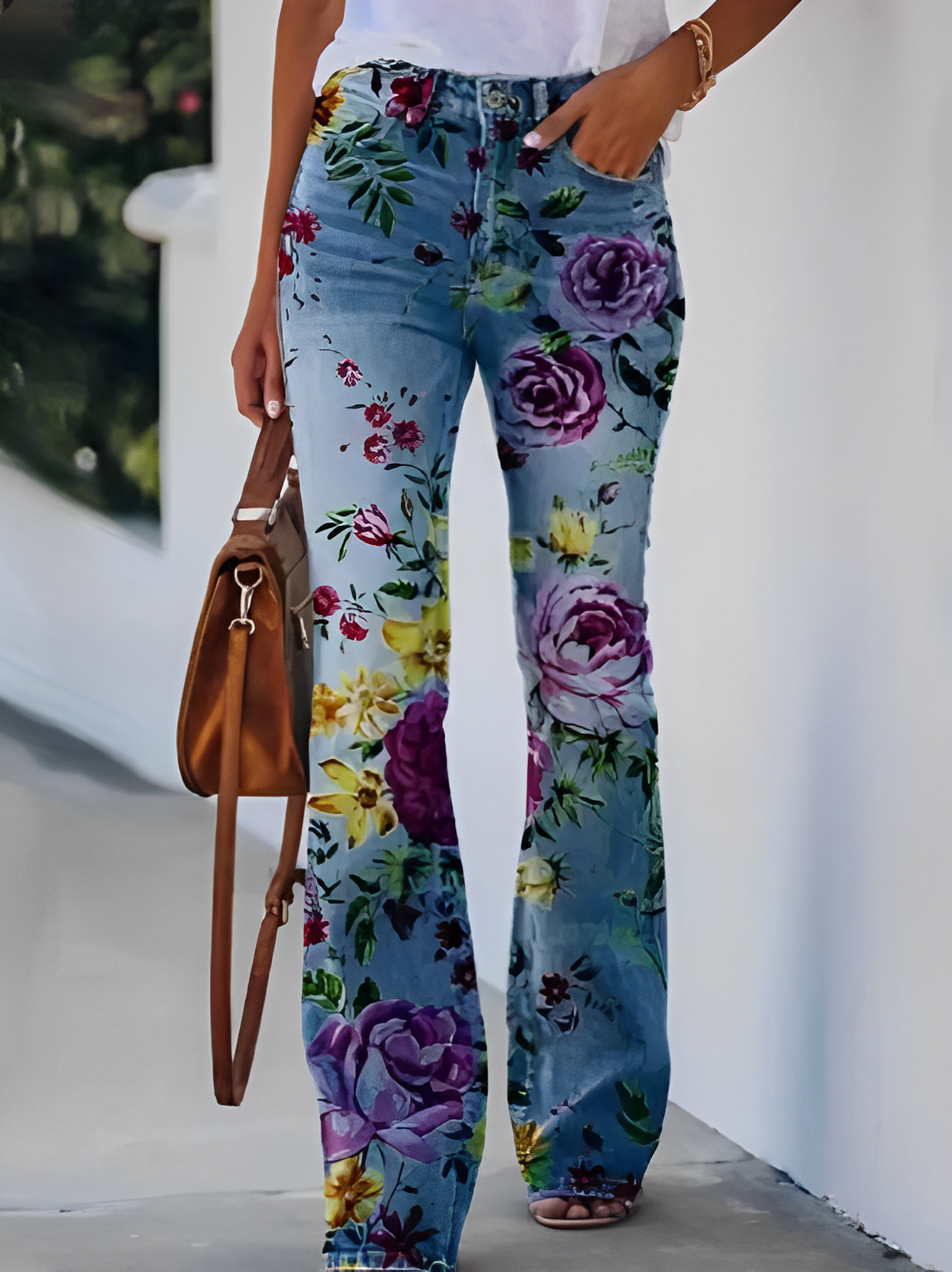 Glenna - Pantaloni a zampa estivi con motivo floreale per donne