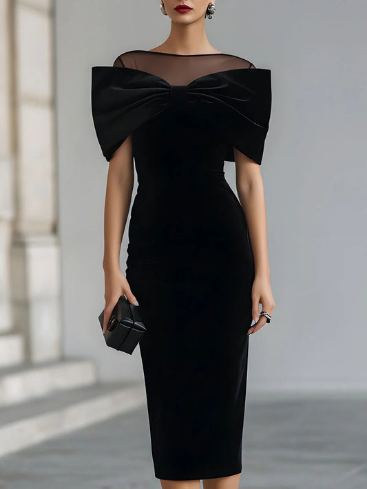 Regina ❘ Abito Midi in Velluto Nero Drammatico con Fiocco