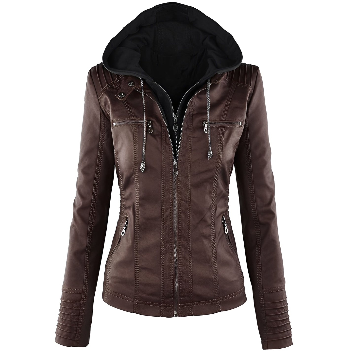 Janene - Giacca in pelle casual impermeabile con cappuccio per donne 