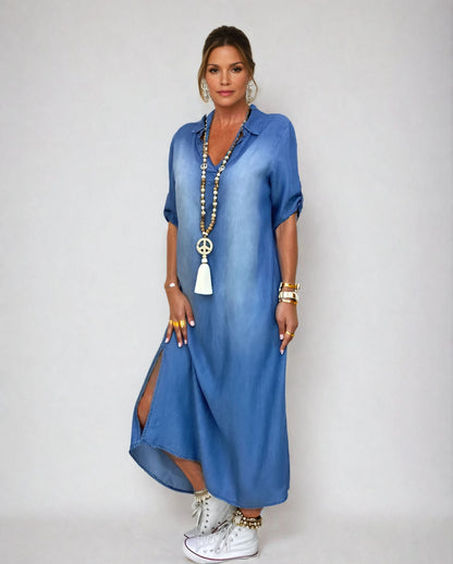Lea | Abito Lungo Effetto Denim con Spacco Laterale