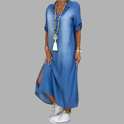 Lea | Abito Lungo Effetto Denim con Spacco Laterale