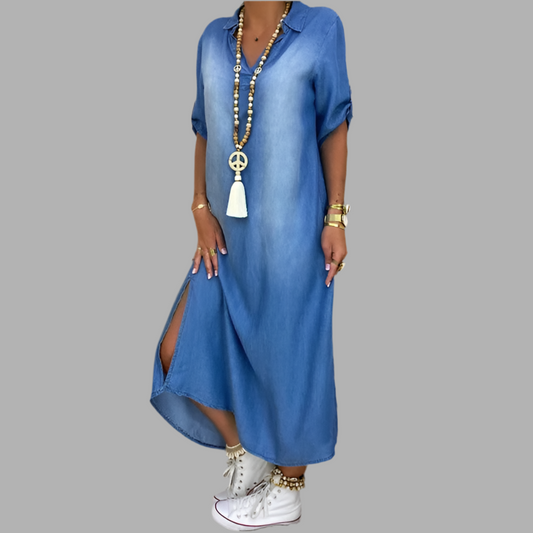 Lea | Abito Lungo Effetto Denim con Spacco Laterale