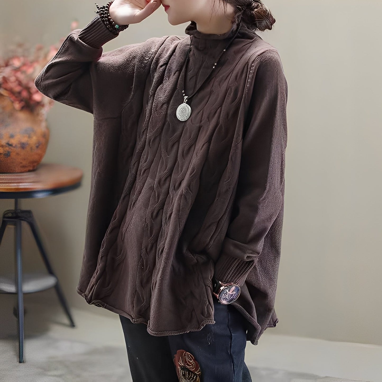 Merla - Maglione a collo alto casual con spacco laterale per donne 