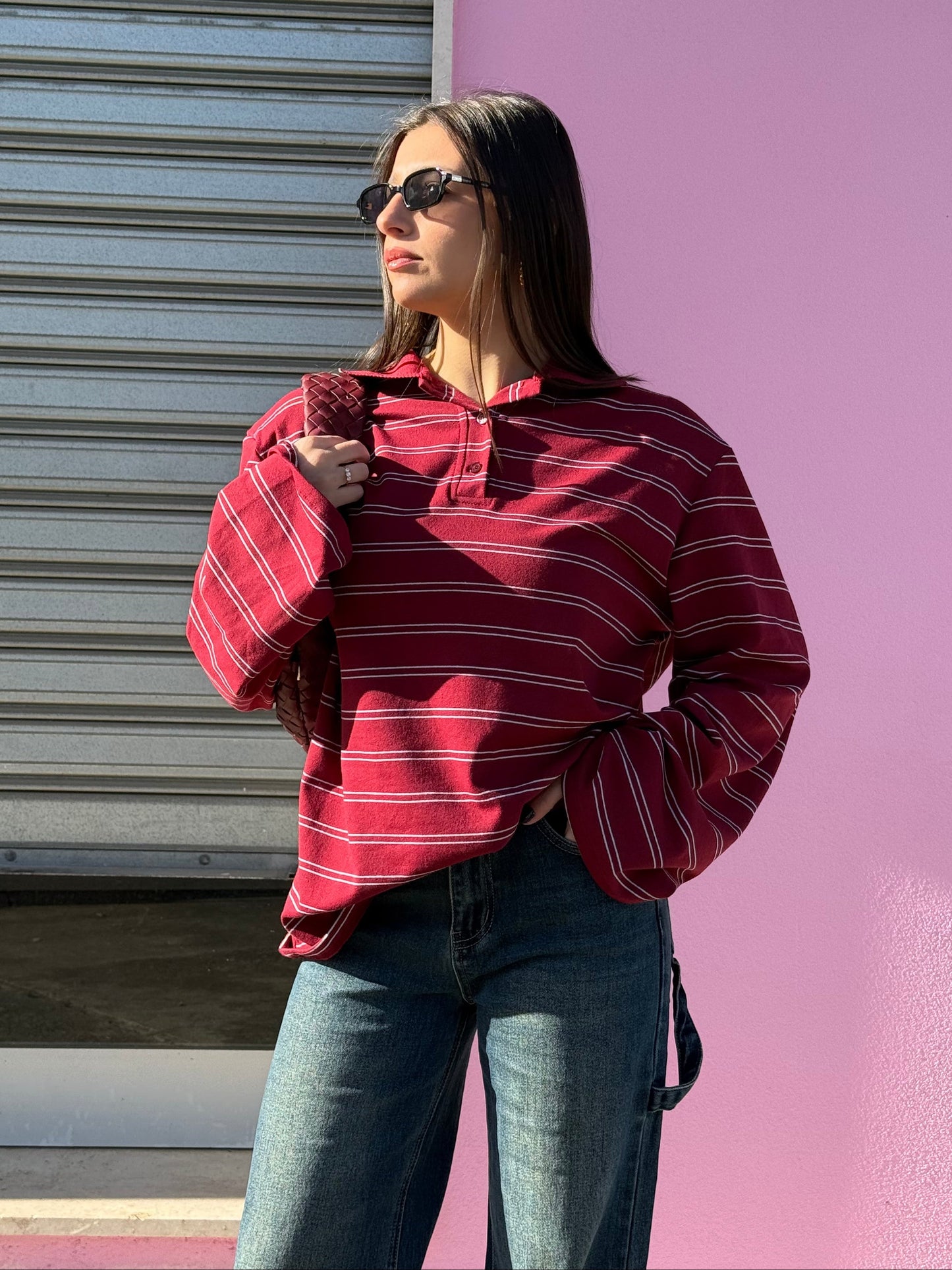 Striped polo with shoulder pads