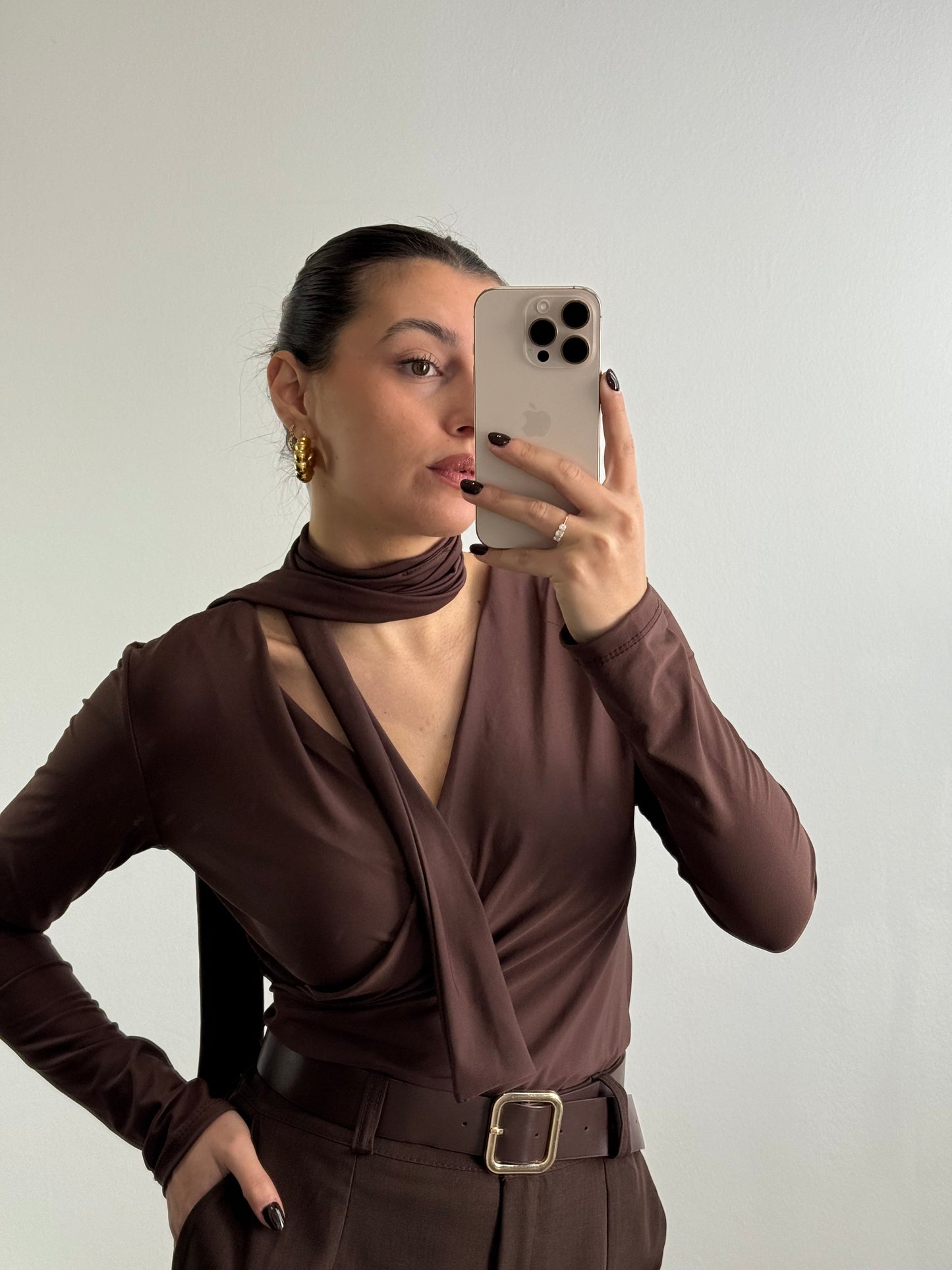 V-neck sweater with integrated scarf