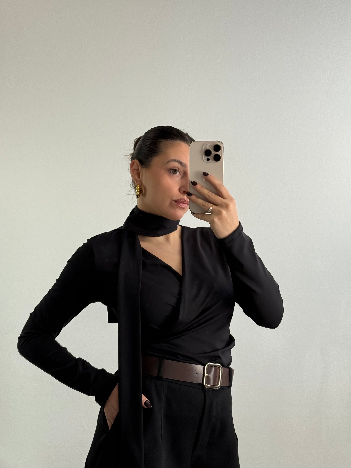 V-neck sweater with integrated scarf