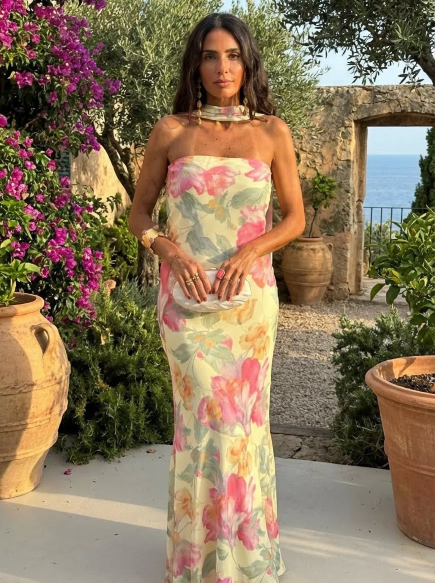 Serena™ | Abito Lungo a Fascia con Stampa Floreale Acquerello