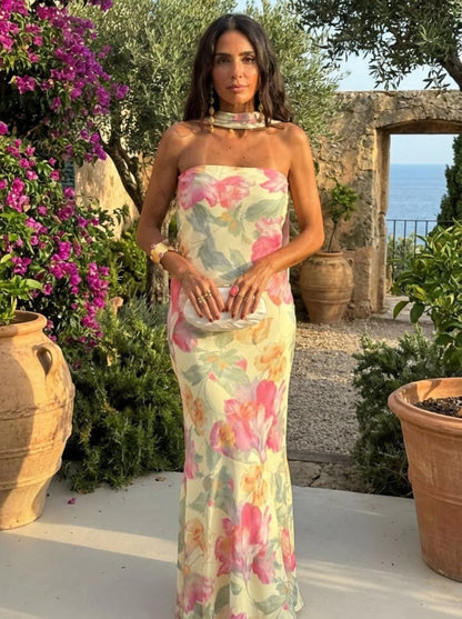 Serena™ | Abito Lungo a Fascia con Stampa Floreale Acquerello