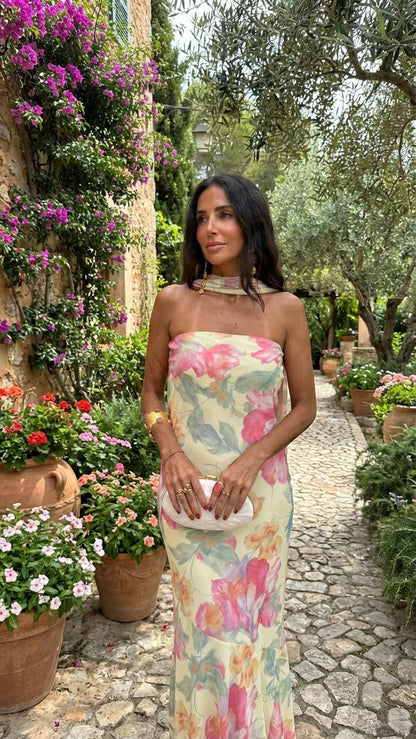 Serena™ | Abito Lungo a Fascia con Stampa Floreale Acquerello