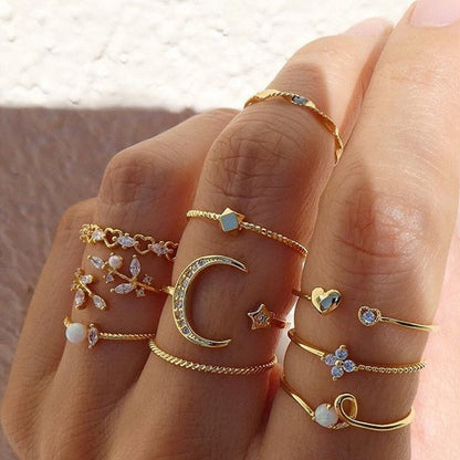 Set of 10 bohemian rings in silver and gold