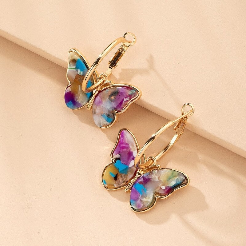 Gold-plated Multicolored Butterfly Hoop Earrings