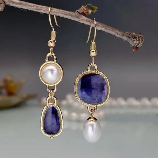 Orecchini Eleganti con Pietra Blu e Perla
