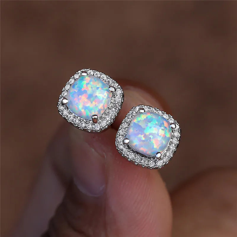Elegant Sterling Silver Round White Fire Opal Stud Earrings