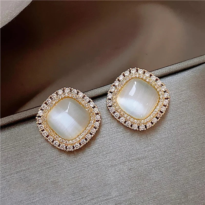 Chic Square Stud Earrings with Opal and Cubic Zirconia