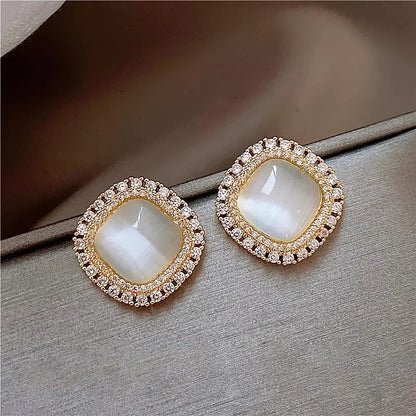 Chic Square Stud Earrings with Opal and Cubic Zirconia
