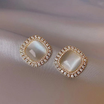 Chic Square Stud Earrings with Opal and Cubic Zirconia