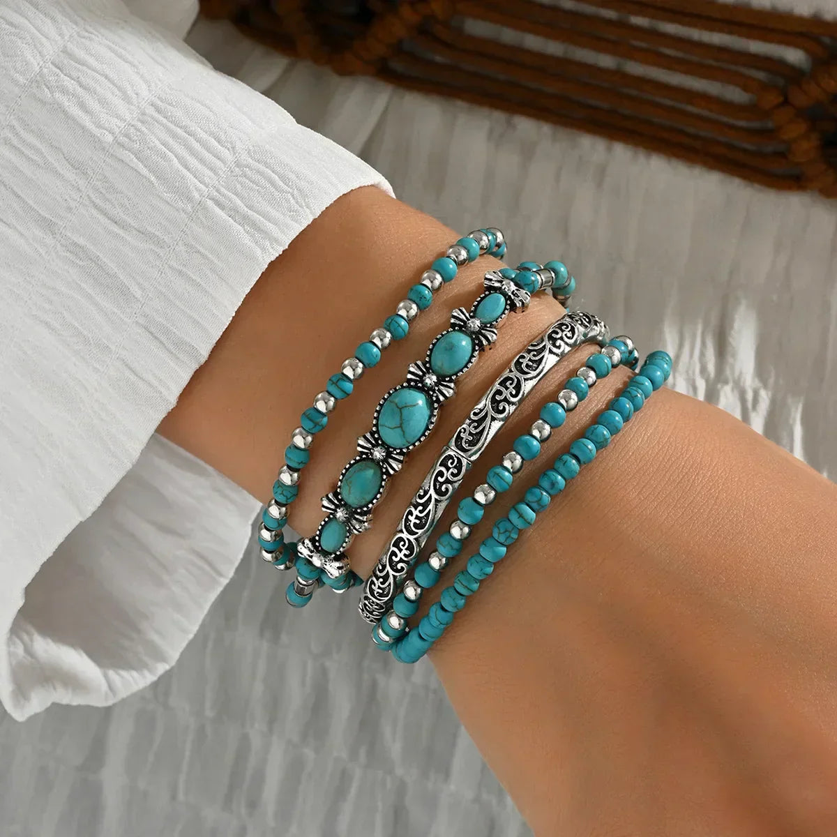 Boho turquoise beaded bracelet set