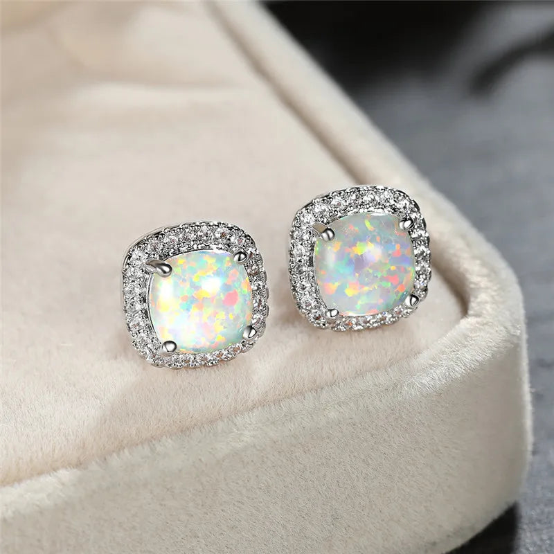 Elegant Sterling Silver Round White Fire Opal Stud Earrings