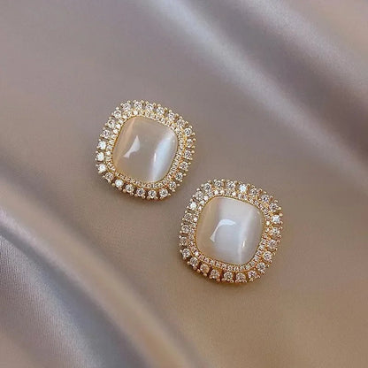 Chic Square Stud Earrings with Opal and Cubic Zirconia