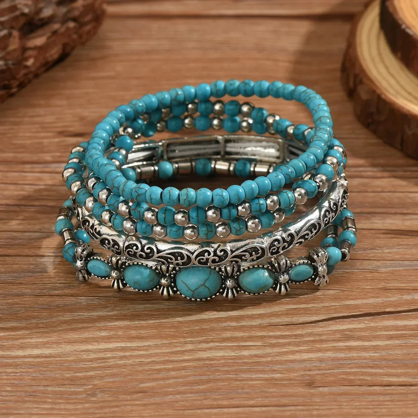 Boho turquoise beaded bracelet set