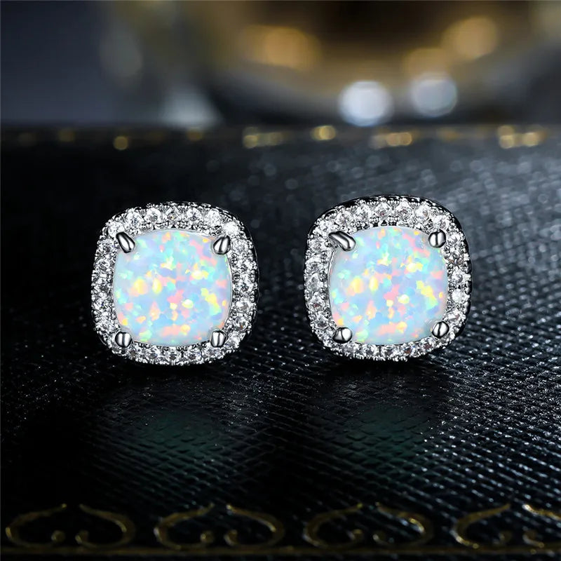 Elegant Sterling Silver Round White Fire Opal Stud Earrings