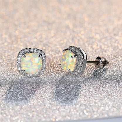 Elegant Sterling Silver Round White Fire Opal Stud Earrings