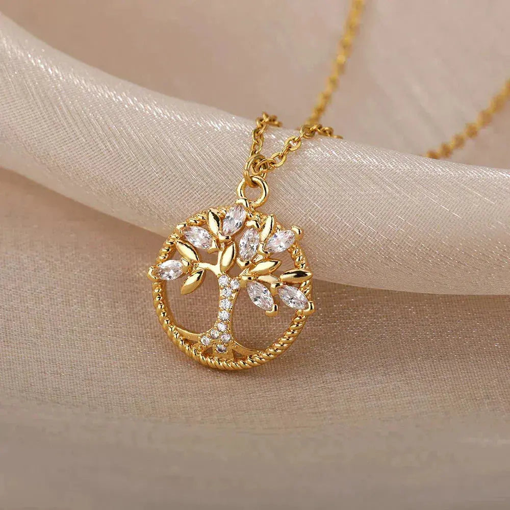Tree of Life Gold Necklace with Zircons