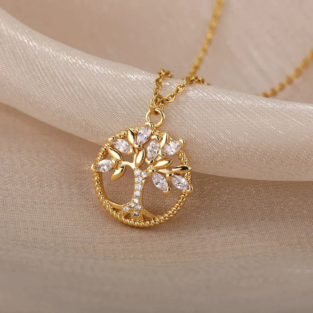Gold-plated Tree of Life pendant necklace with crystals