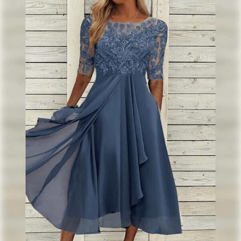 Yara - Elegante Midi Abito in Pizzo e Chiffon