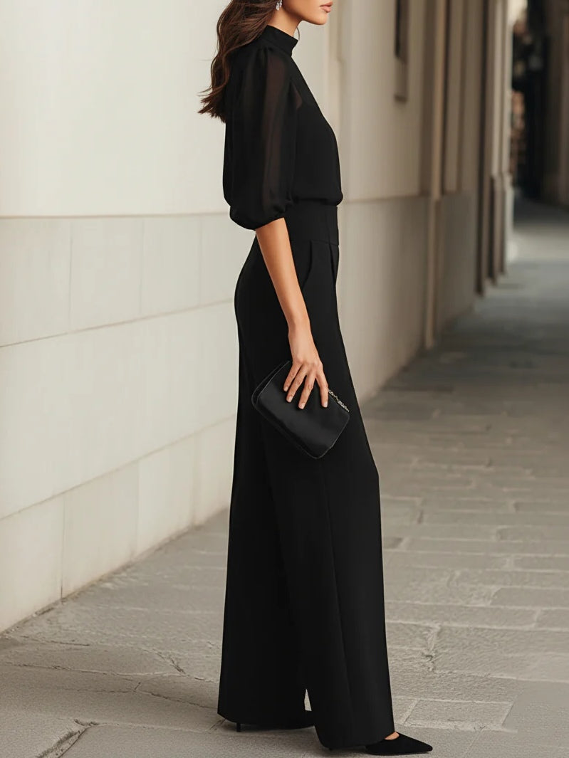 Valentina | Black three-piece set, consisting of sheer camisole top and wide-leg trousers