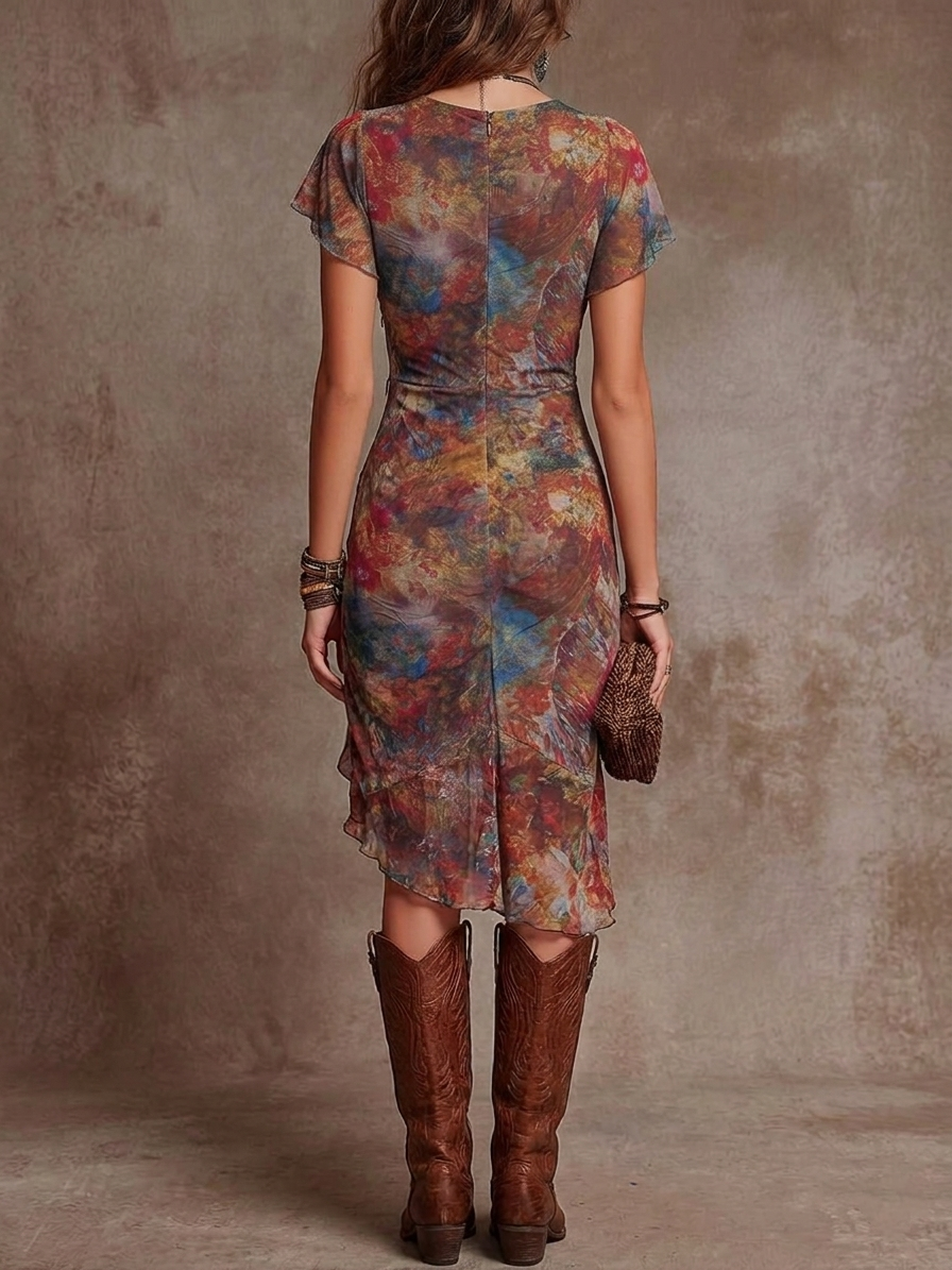 Martina | Vestito midi plissettato con scollo a V, stampa d'arte astratta in stile bohemiano